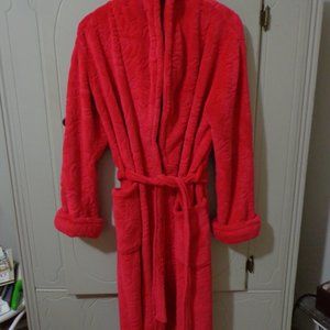 Plush Maxi Robe S Tie Belt Long Sleeves Roll Collar Pockets Dark Pink